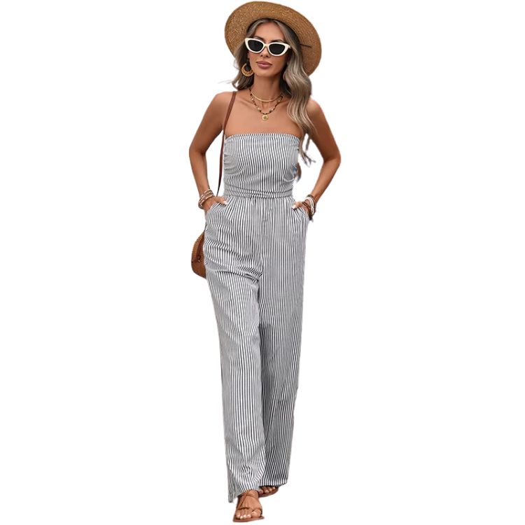 Women's Strapless Jumpsuit with Vertical Stripe Pattern and Wide Legs
