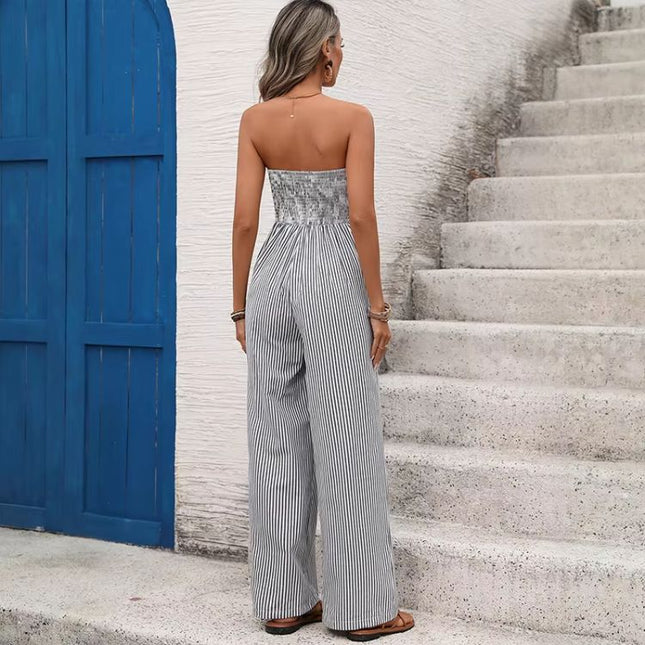 Women's Strapless Jumpsuit with Vertical Stripe Pattern and Wide Legs