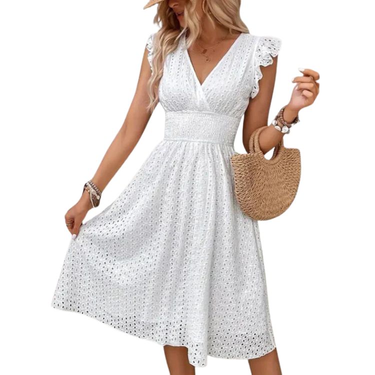 Women’s White Midi Dress with V-neck and Short Sleeves