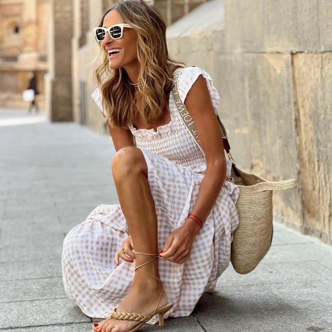 Women’s maxi dress with check pattern and smocked bodice