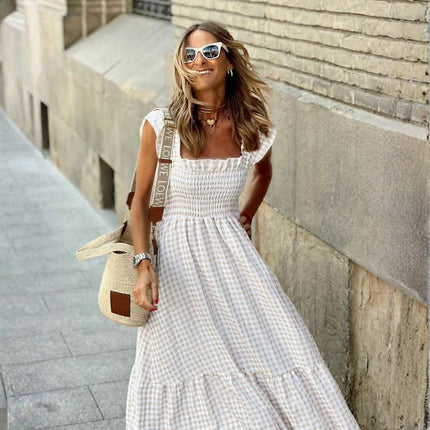 Women’s maxi dress with check pattern and smocked bodice